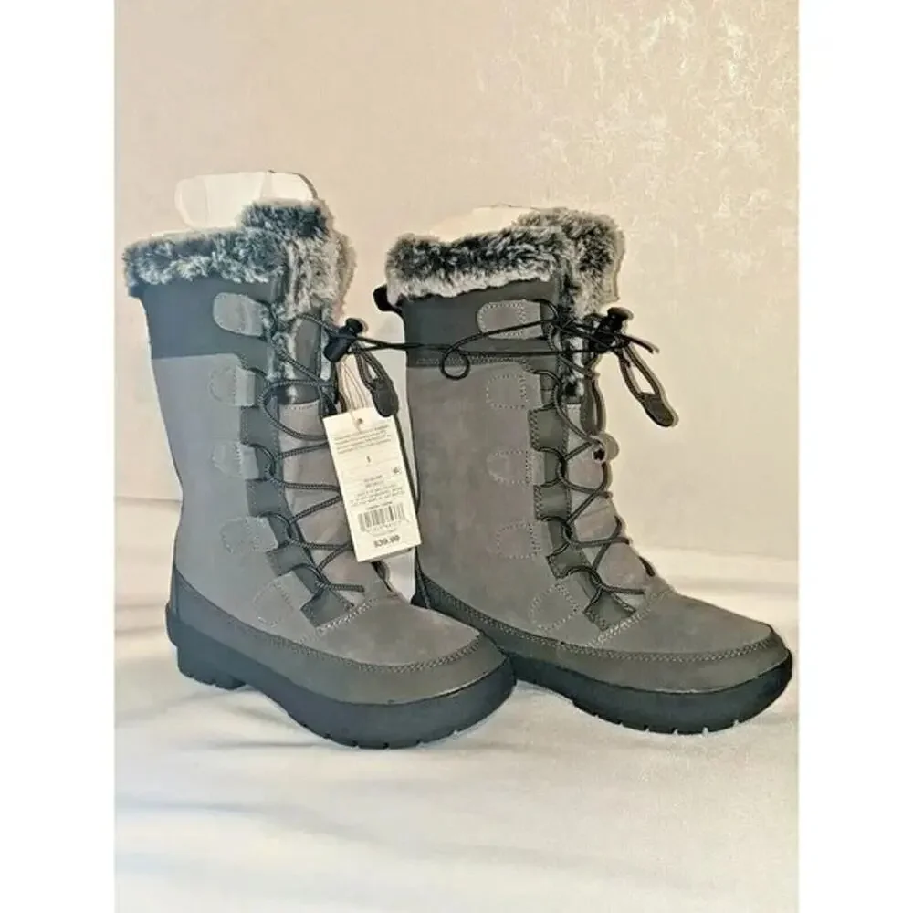All In Motion Girls sz 1 Insulated Winter Boot Grey Suede With Fur Lining 10